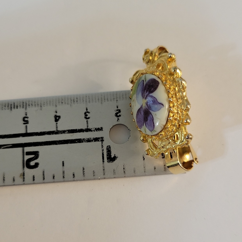 Hand Painted Scarf Clip Vintage Flower Goldtone - Picture 4 of 5